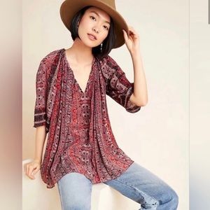 ANTHROPOLOGIE Bhanuni by Jyoti Aleska Pleated Boho Top Red Black Size Small